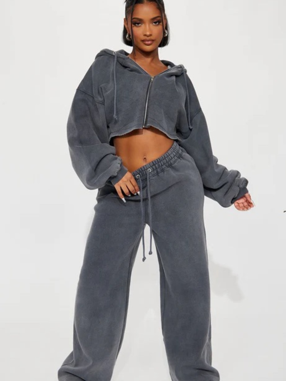 Fashion Nova Charcoal Gray Cropped Zip Hoodie & Drawstring Joggers Set